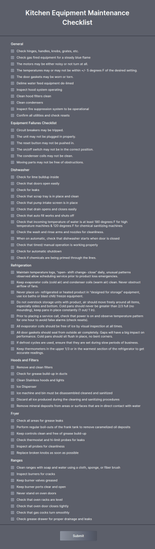 Kitchen Equipment Maintenance Checklist Form Template