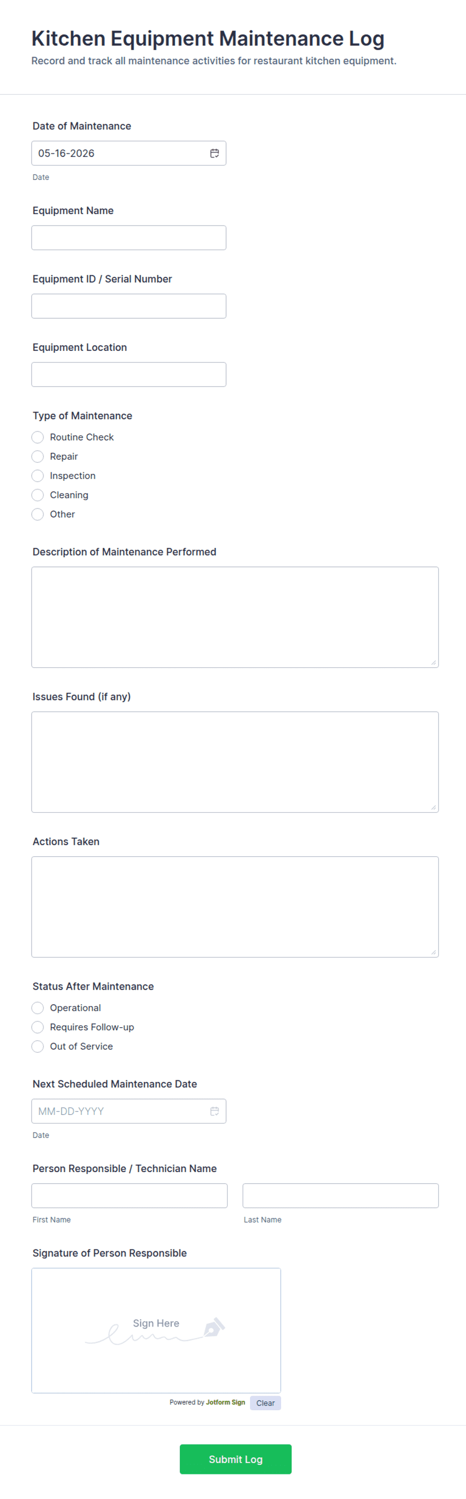 Kitchen Equipment Maintenance Log Form Template | Jotform