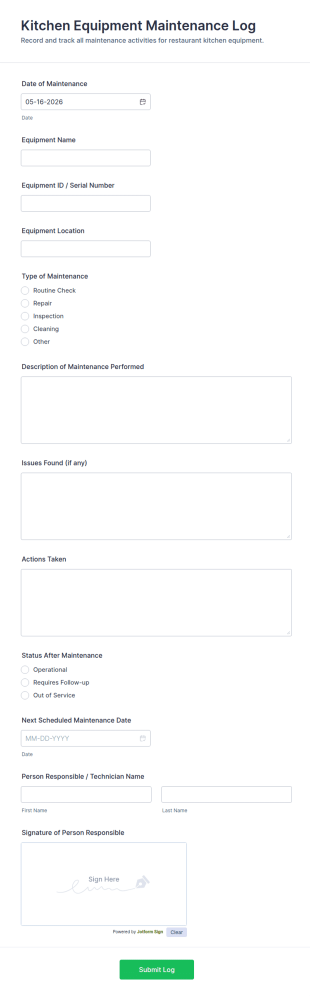 Kitchen Equipment Maintenance Log Form Template