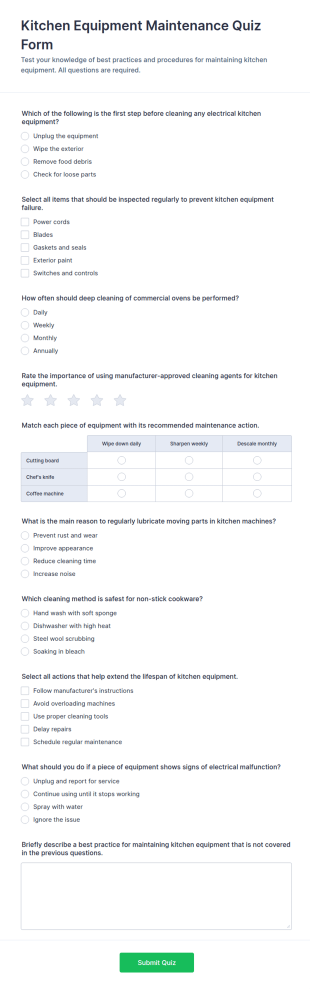 Kitchen Equipment Maintenance Quiz Form Template