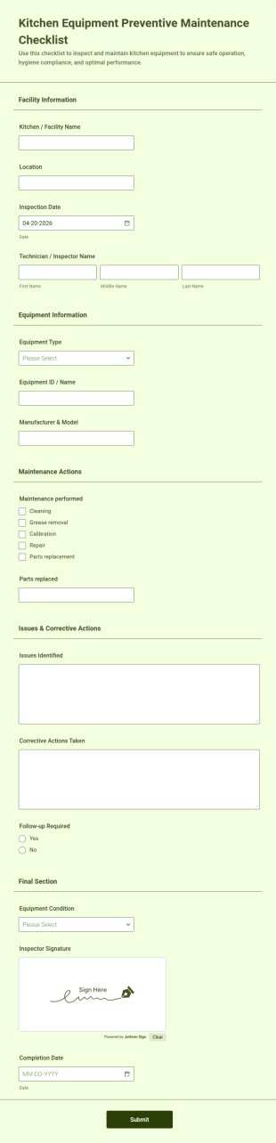 Kitchen Equipment Preventive Maintenance Checklist Form Template