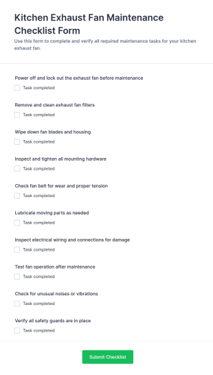 Kitchen Exhaust Fan Maintenance Checklist Form Template