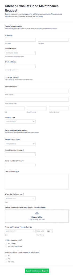 Kitchen Exhaust Hood Maintenance Request Form Template