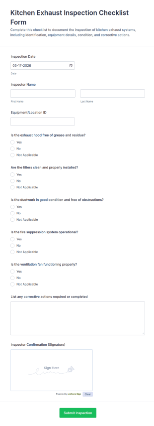 Kitchen Exhaust Inspection Checklist Form Template