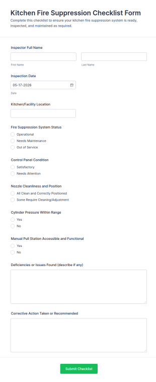 Kitchen Fire Suppression Checklist Form Template