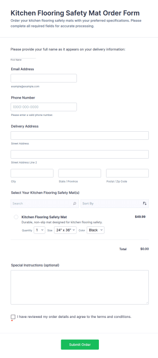 Kitchen Flooring Safety Mat Order Form Template