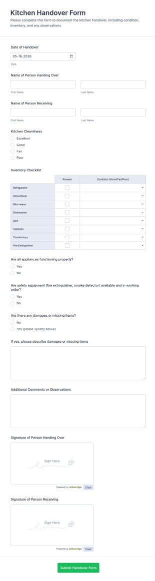Kitchen Handover Form Template