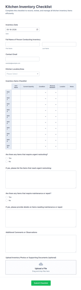 Kitchen Inventory Checklist Form Template
