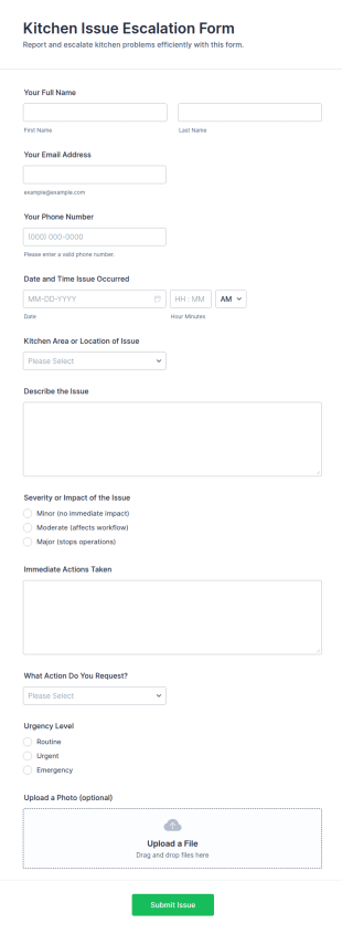 Kitchen Issue Escalation Form Template