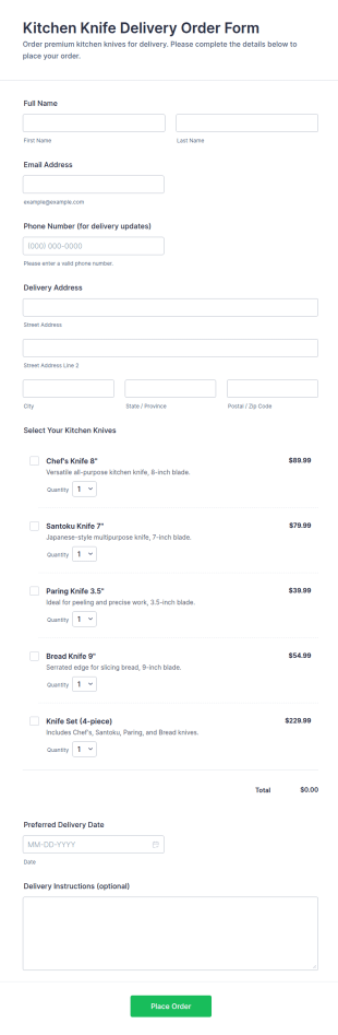 Kitchen Knife Delivery Order Form Template