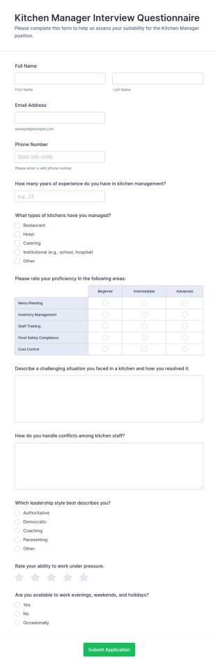 Kitchen Manager Interview Questionnaire Form Template