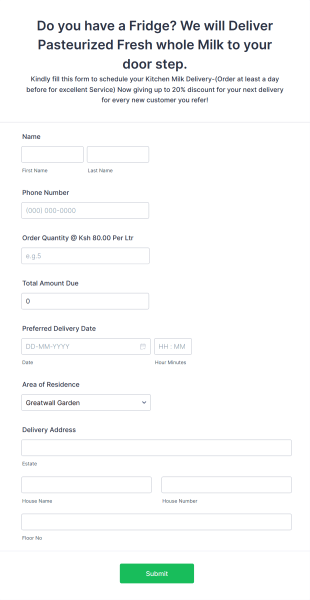 Kitchen Milk Delivery Request Form Template