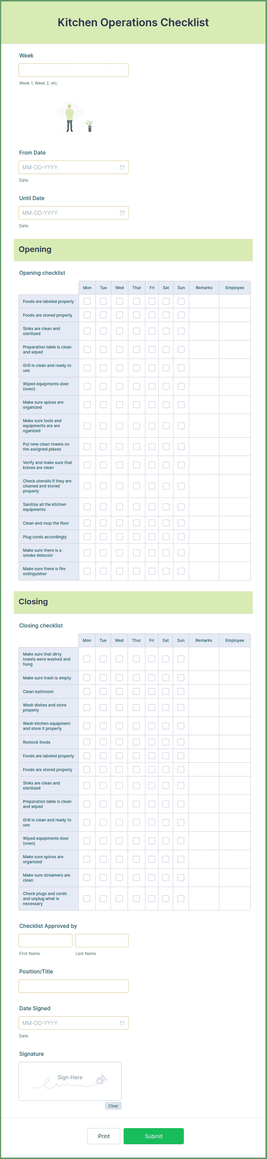 Kitchen Operations Checklist Form Template | Jotform