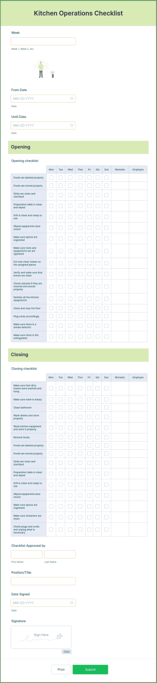 Kitchen Operations Checklist Form Template