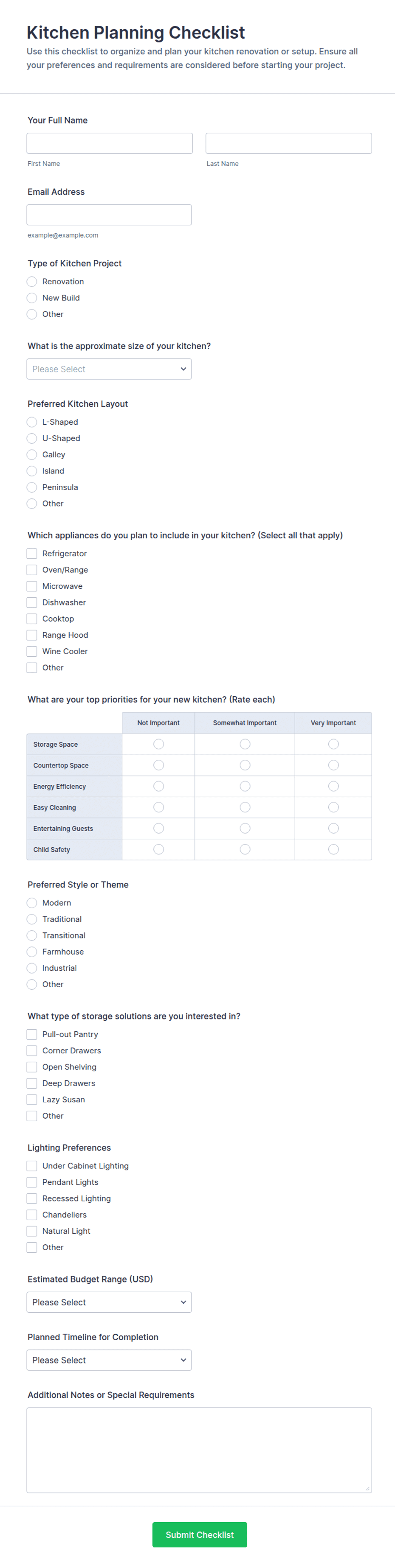 Kitchen Planning Checklist Form Template | Jotform