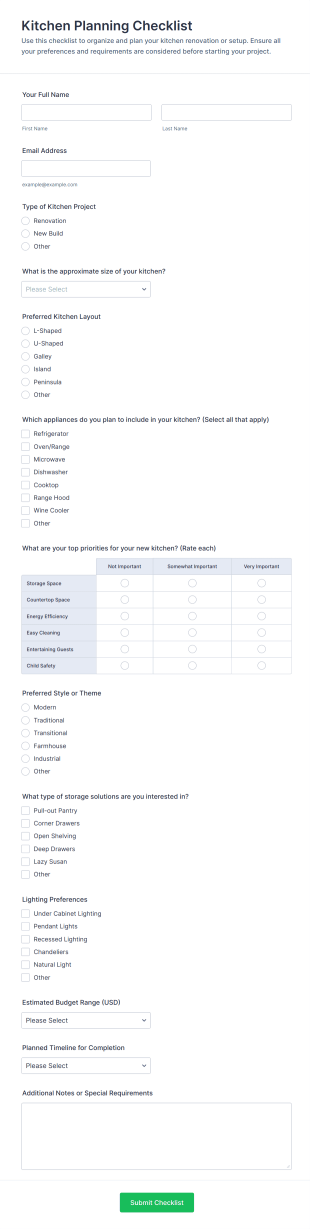 Kitchen Planning Checklist Form Template