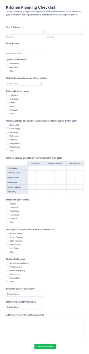 Kitchen Planning Checklist Form Template