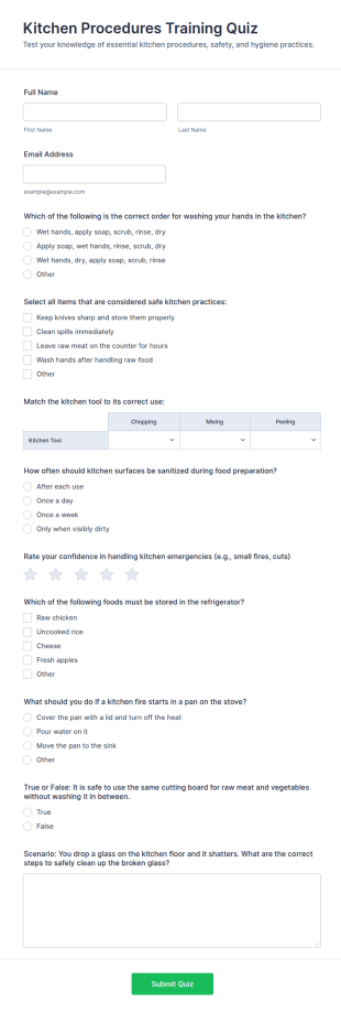 Kitchen Procedures Training Quiz Form Template