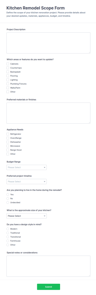 Kitchen Remodel Scope Form Template