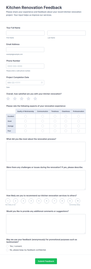 Kitchen Renovation Feedback Form Template