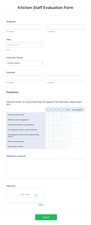 Kitchen Staff Evaluation Form Template
