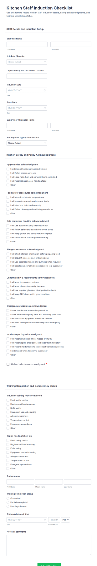 Kitchen Staff Induction Checklist Form Template