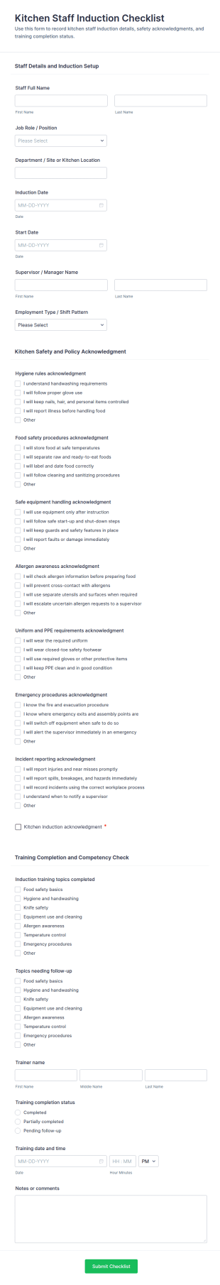 Kitchen Staff Induction Checklist Form Template