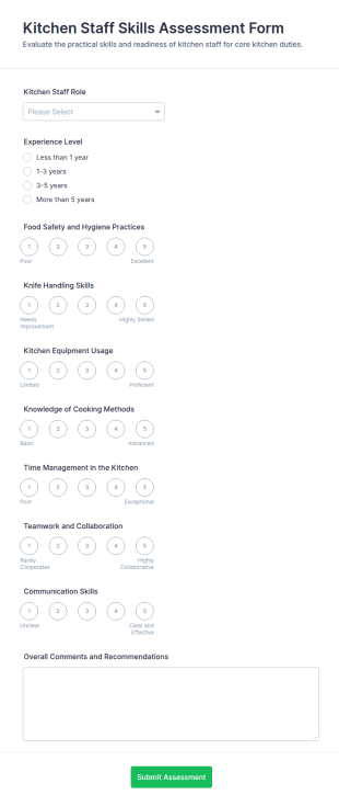 Kitchen Staff Skills Assessment Form Template