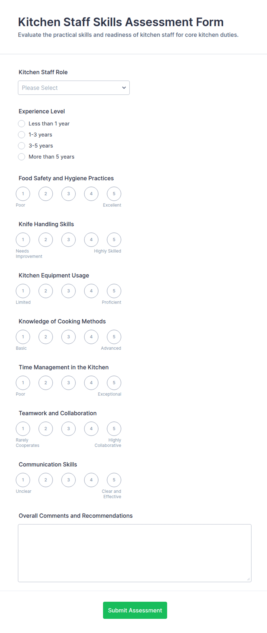 Kitchen Interview Form.pdf Kitchen Staff Skills Assessment Form Template | Jotform