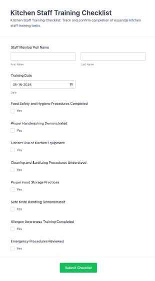Kitchen Staff Training Checklist Form Template