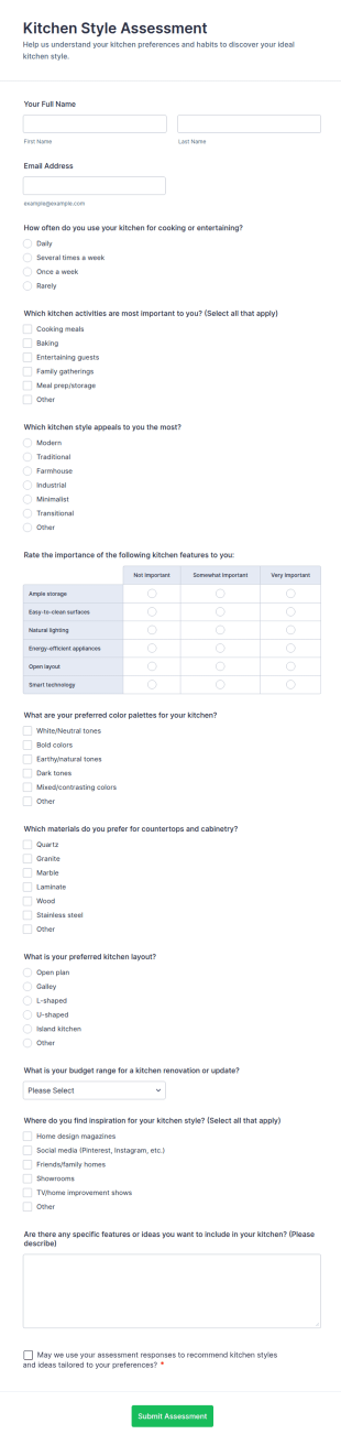 Kitchen Style Assessment Form Template