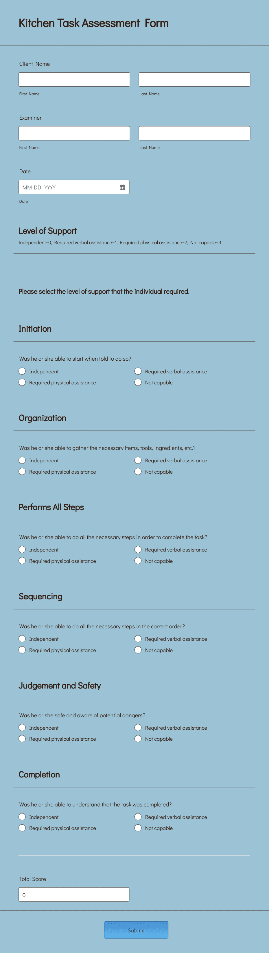 Kitchen Task Assessment Form Template | Jotform