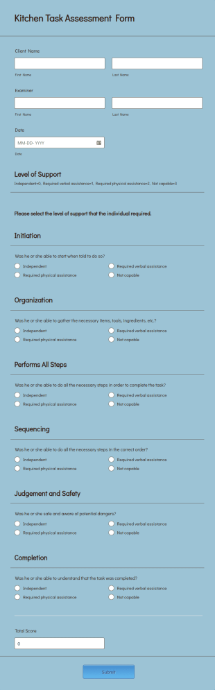 Kitchen Task Assessment Form Template