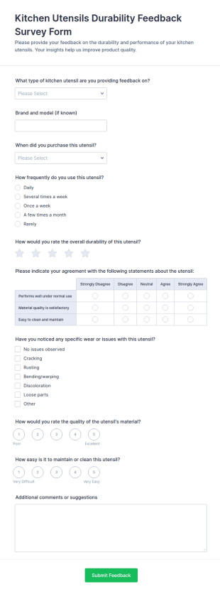 Kitchen Utensils Durability Feedback Form Template