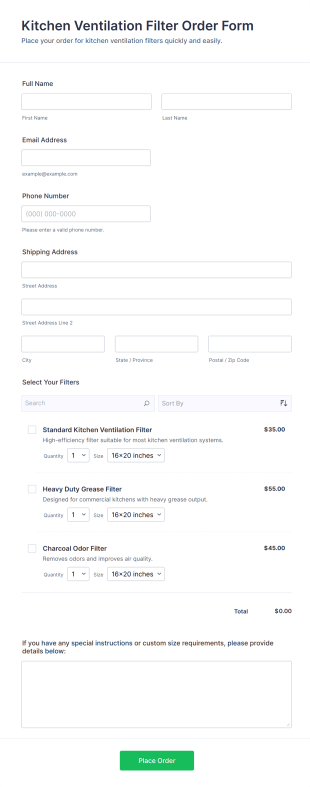 Kitchen Ventilation Filter Order Form Template
