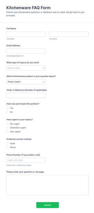 Kitchenware FAQ Form Template