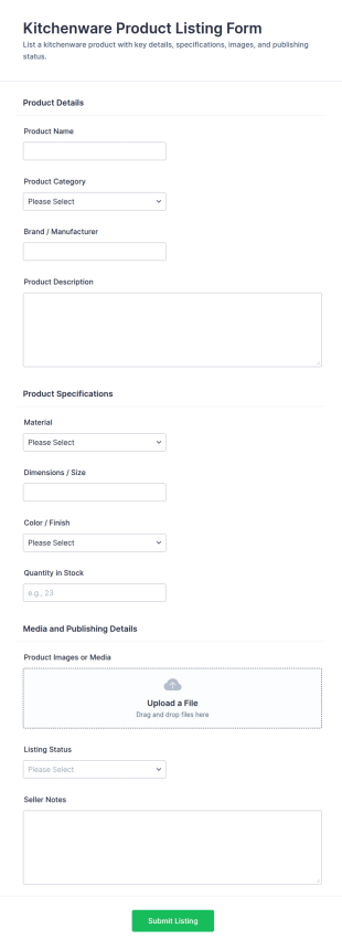 Kitchenware Product Listing Form Template