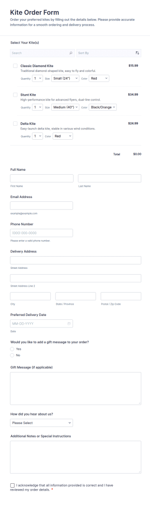 Kite Order Form Template