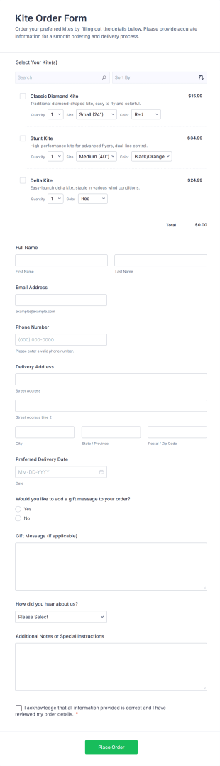 Kite Order Form Template