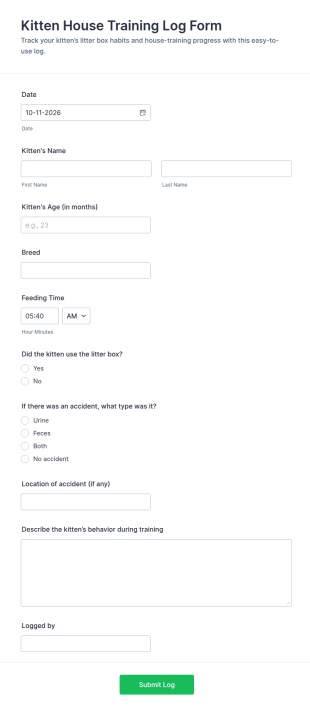 Kitten House Training Log Form Template