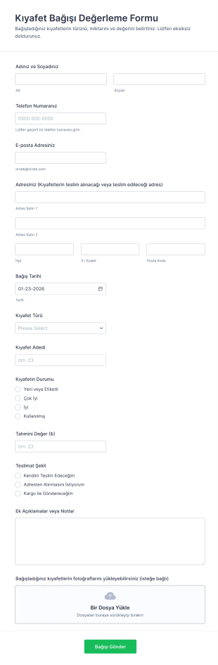 Kıyafet Bağışı Değerleme Form Şablonu