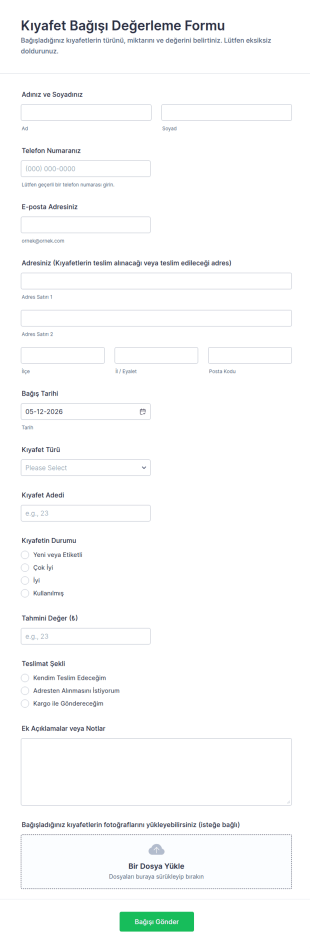 Kıyafet Bağışı Değerleme Form Şablonu