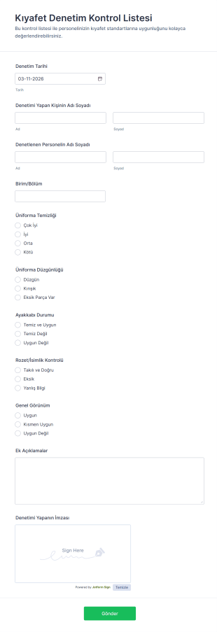 Kıyafet Denetim Kontrol Listesi Form Şablonu