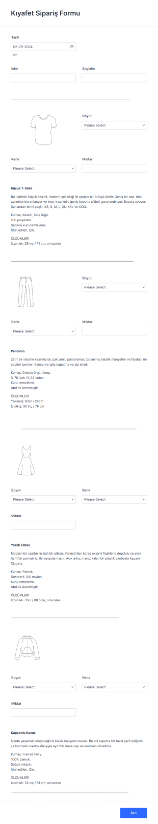 Kıyafet Sipariş Form Template
