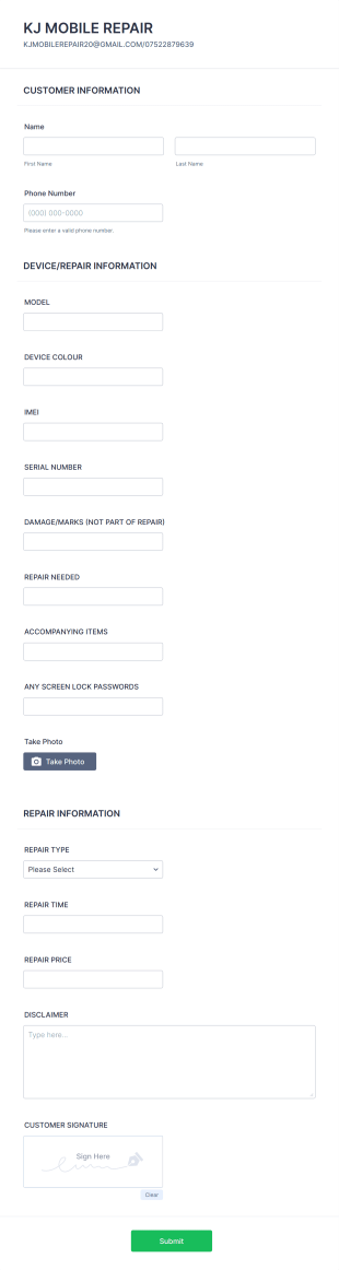 Kj Mobile Repair Form Template