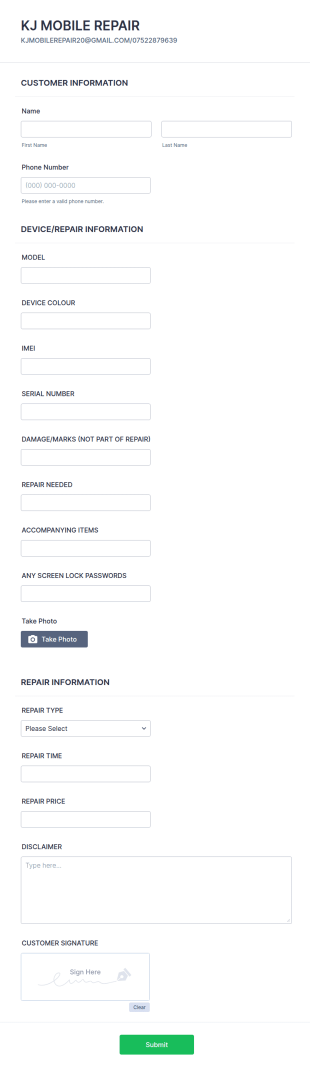 Kj Mobile Repair Form Template