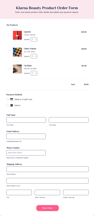 Klarna Beauty Product Order Form Template