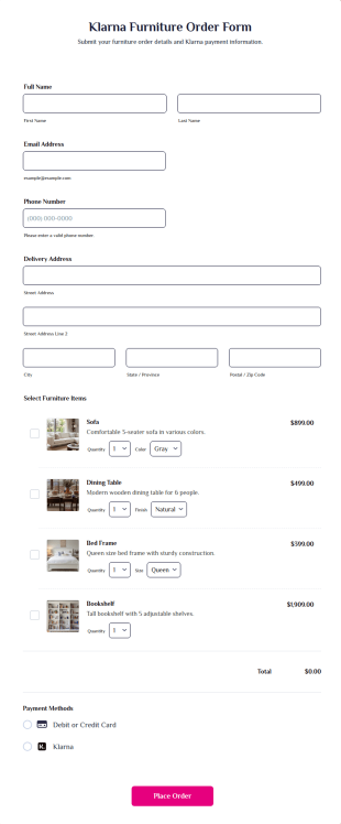 Klarna Furniture Order Form Template