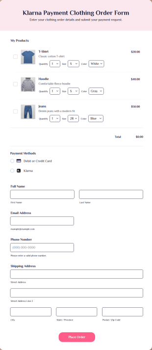 Klarna Clothing Order Form Template