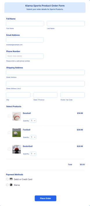 Klarna Sports Product Order Form Template